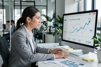 Professionnelle en bureau analysant un graphique de liens entrants SEO sur un écran d'ordinateur