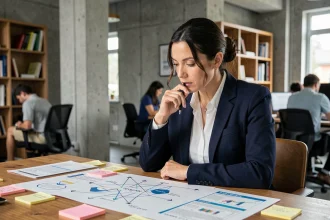 Une professionnelle du SEO analyse un schéma de maillage interne sur son bureau, entouré de notes et de diagrammes de structure de site web
