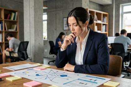 Une professionnelle du SEO analyse un schéma de maillage interne sur son bureau, entouré de notes et de diagrammes de structure de site web
