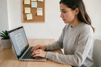 Femme utilisant un raccourci clavier flèche sur un bureau minimaliste en home office