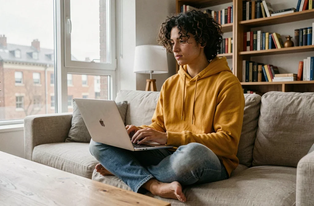Jeune personne utilisant les raccourcis flèches du clavier d'un laptop depuis son canapé à domicile