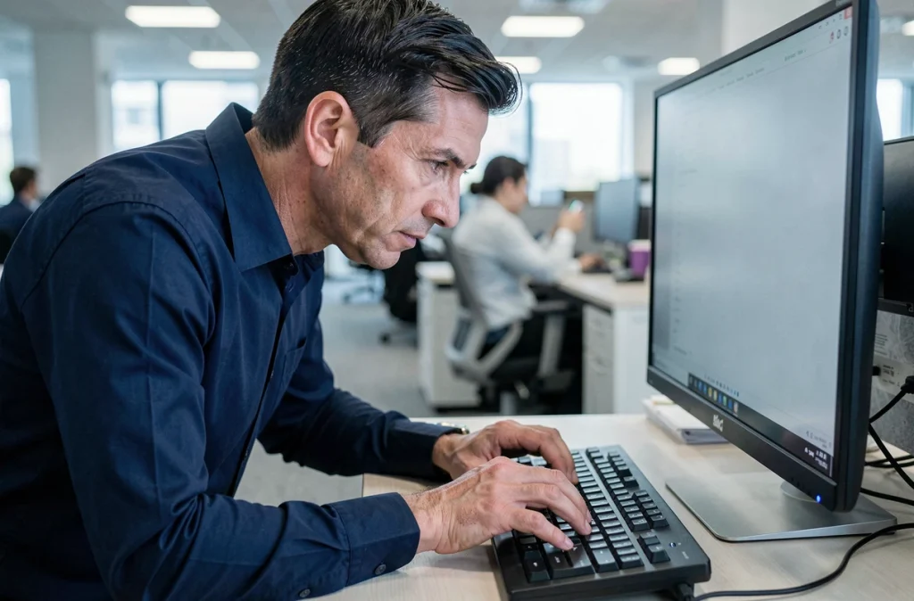 Homme appuyant sur les touches fléchées d'un clavier mécanique dans un bureau open space