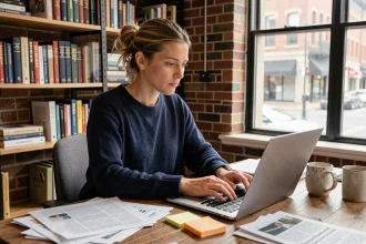 Rédactrice web concentrée travaillant sur du contenu long dans un bureau à domicile moderne