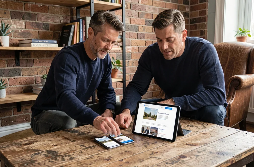 Homme travaillant depuis chez lui comparant l'affichage responsive d'un site web sur tablette et smartphone, démontrant l'importance de la compatibilité mobile pour le référencement