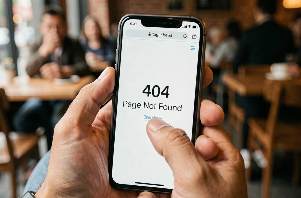 Écran de smartphone affichant une page d'erreur 404 tenu par un utilisateur dans un café