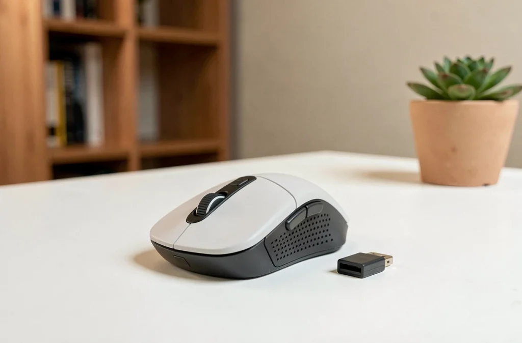 Souris gaming sans fil posée sur un bureau blanc épuré avec récepteur USB, vue en angle éditorial produit