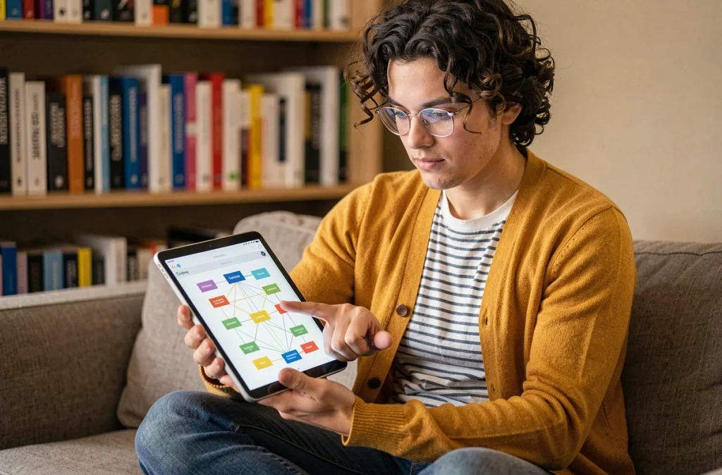 Un jeune spécialiste du contenu examine une carte de site et une structure de maillage interne sur une tablette depuis son bureau à domicile