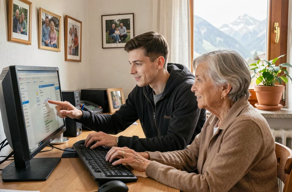 Technicien de 2a A Zaide Informatique aidant une cliente à son domicile avec son ordinateur de bureau
