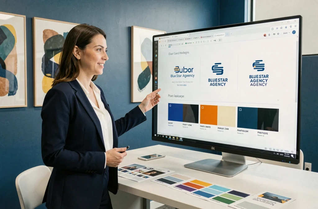 Directrice créative de Blue Star Agency présentant un projet de branding et identité visuelle