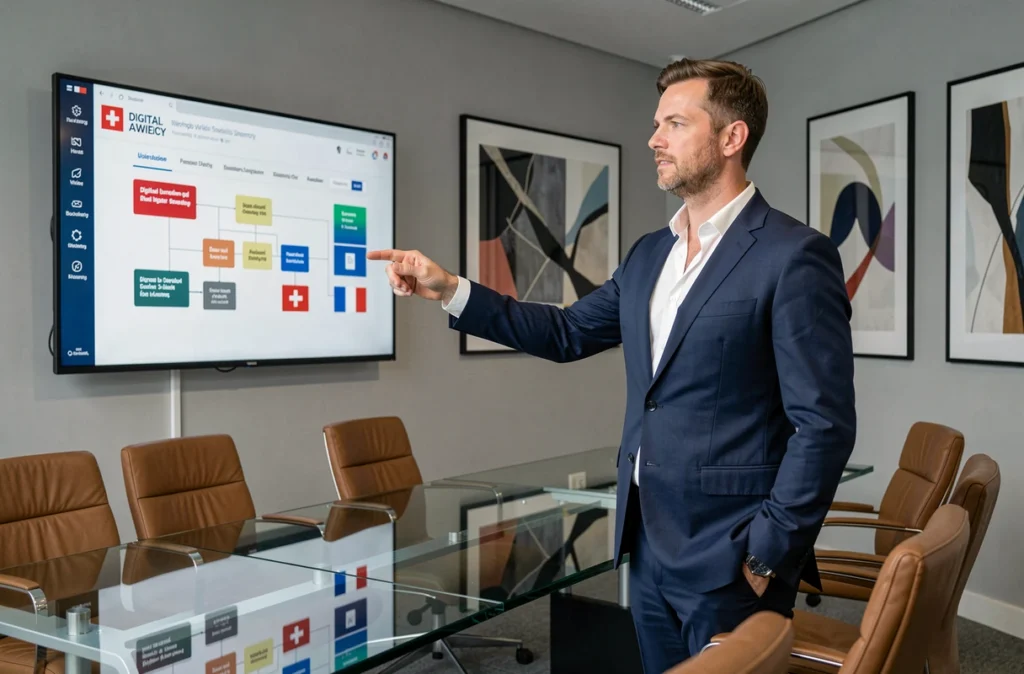 Stratège digital de Digital Swiss Agency présentant une stratégie de site web multilingue franco-suisse