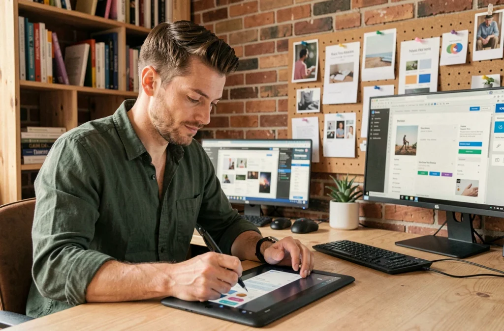 Designer UX de l'agence Kreaxion travaillant sur un prototype d'application mobile en Figma