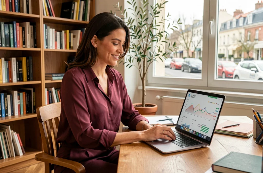 Consultante de Mon Expert Digital analysant un rapport SEO et les performances digitales d'un client