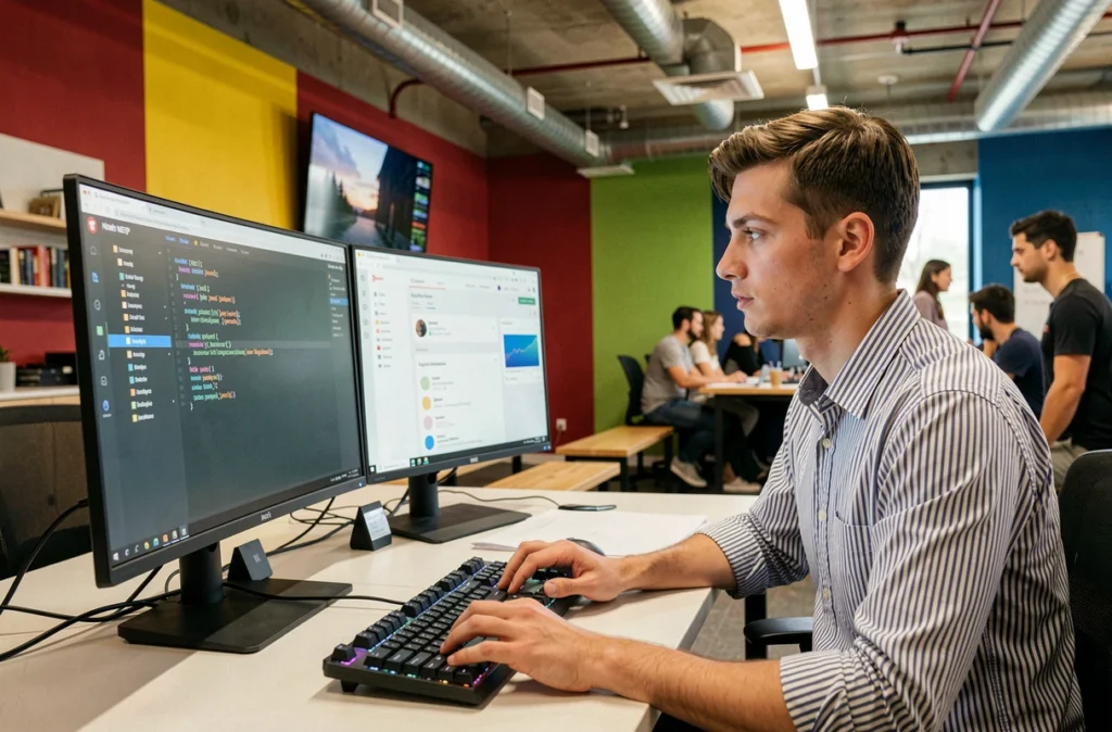 Développeur full-stack de l'agence NEWP travaillant sur une application React et un backend Node.js