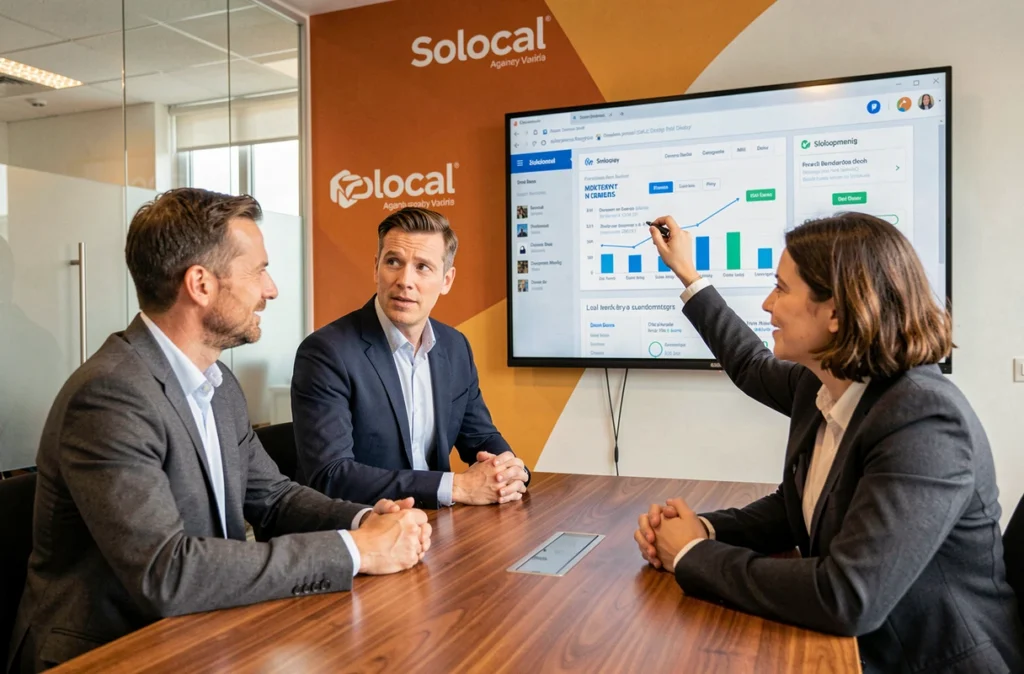 Réunion professionnelle dans les bureaux de l'agence Solocal autour d'une stratégie digitale pour PME locales