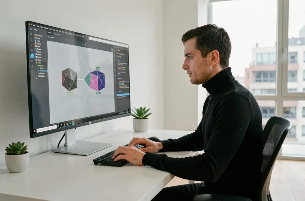 Développeur front-end de l'agence Vekteur codant des animations vectorielles sur un poste de travail épuré