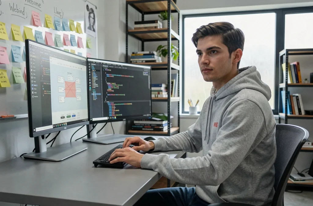 Développeur web de l'agence Webind Me travaillant sur la conception d'un site responsive