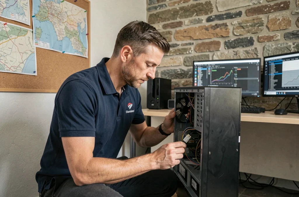 Technicien Arobase74 réparant un ordinateur de bureau dans son atelier à Fillinges en Haute-Savoie