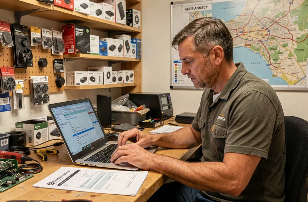 Technicien Assistance PC 74 diagnostiquant un ordinateur portable dans son atelier à Annecy