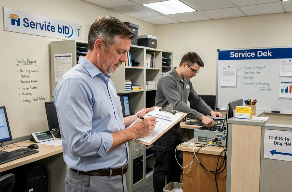 Coordinateur BSI Bureau des Services Informatiques supervisant les demandes de maintenance dans un bureau professionnel