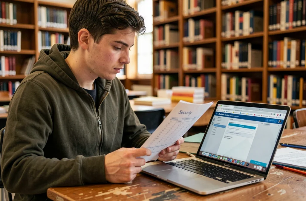 Jeune étudiant consultant une check-list de sécurité numérique en bibliothèque universitaire avec gestionnaire de mots de passe ouvert sur ordinateur