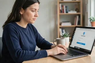 Femme connectée à son espace numérique sécurisé sur un ordinateur portable avec authentification à deux facteurs, dans un bureau à domicile moderne
