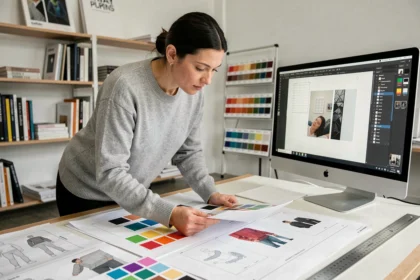 Designer graphique comparant une maquette imprimée à un écran haute résolution dans un studio moderne