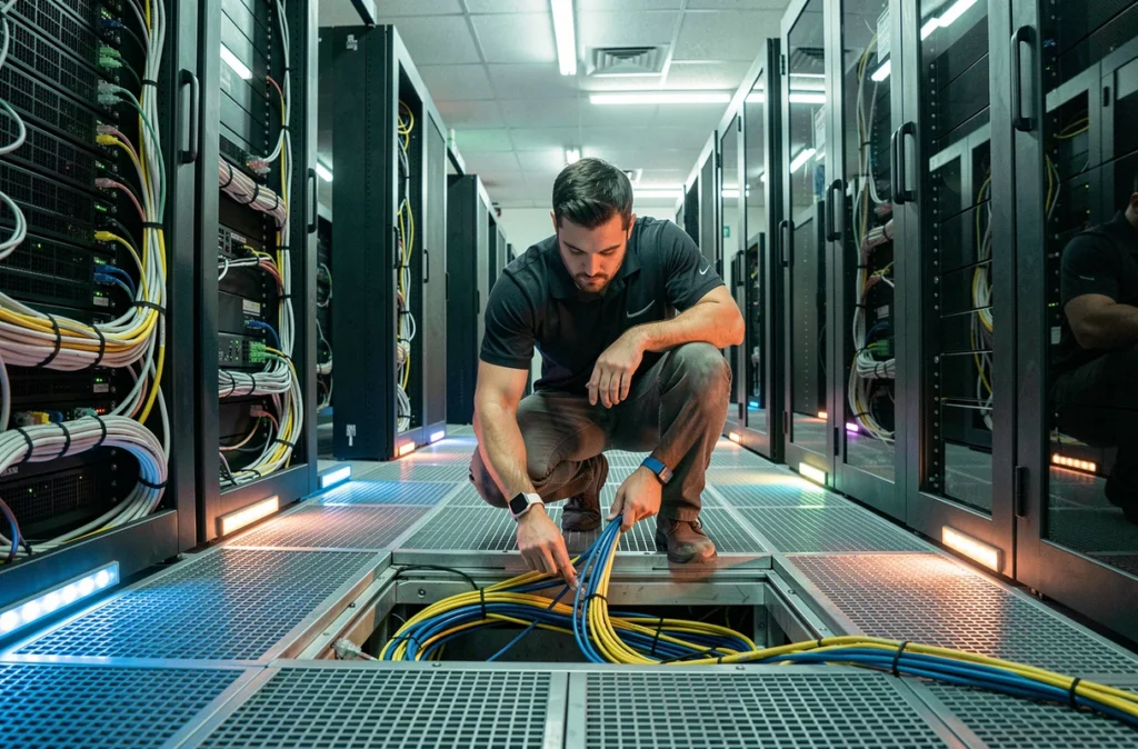 Ingénieur E-network installant une infrastructure réseau dans une salle serveurs professionnelle