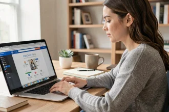 Femme utilisant un outil en ligne gratuit pour fusionner des fichiers JPG sur un MacBook dans un bureau à domicile