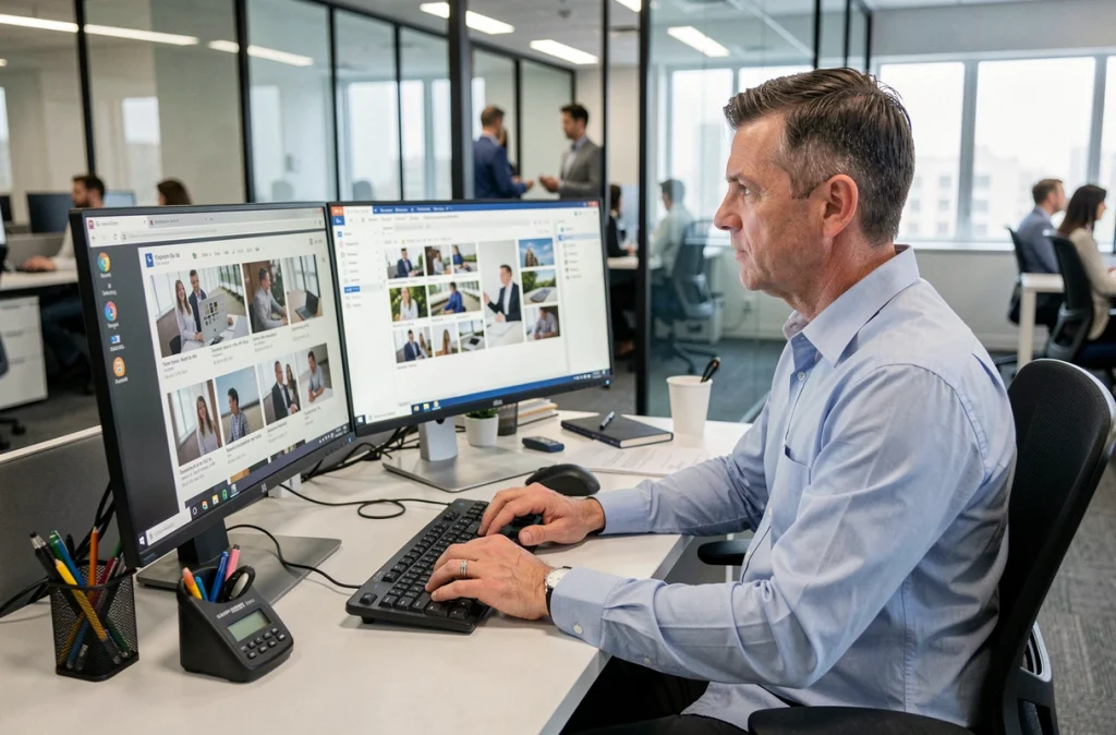 Homme fusionnant des images JPG gratuitement sur un PC Windows dans un environnement de bureau professionnel