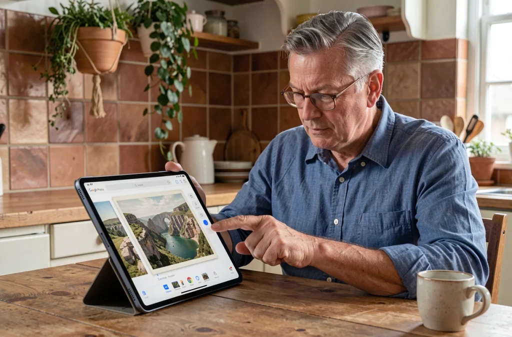 Homme d'âge mûr identifiant un paysage sur une ancienne photo grâce à Google Lens dans Google Photos sur une tablette