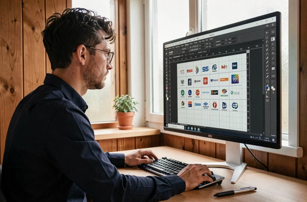 Graphiste travaillant sur un logo vectoriel avec une règle en pixels et centimètres visible à l'écran