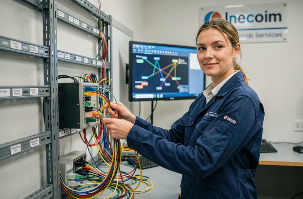 Spécialiste Infovision raccordant des câbles fibre optique dans une salle technique informatique et téléphonie