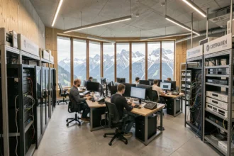 Techniciens informatiques travaillant dans un bureau moderne en Haute-Savoie avec vue sur les montagnes