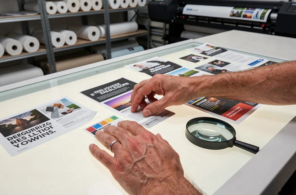 Mains arrangeant des maquettes de bannières imprimées sur une table lumineuse dans un atelier d'impression