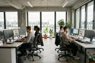 Équipe d'une agence de développement web moderne dans les Hauts-de-Seine travaillant sur des projets numériques