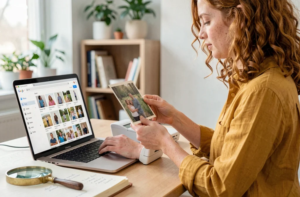 Jeune femme numérisant d'anciennes photos de famille pour les organiser avec Google Photos et Google Lens sur son bureau