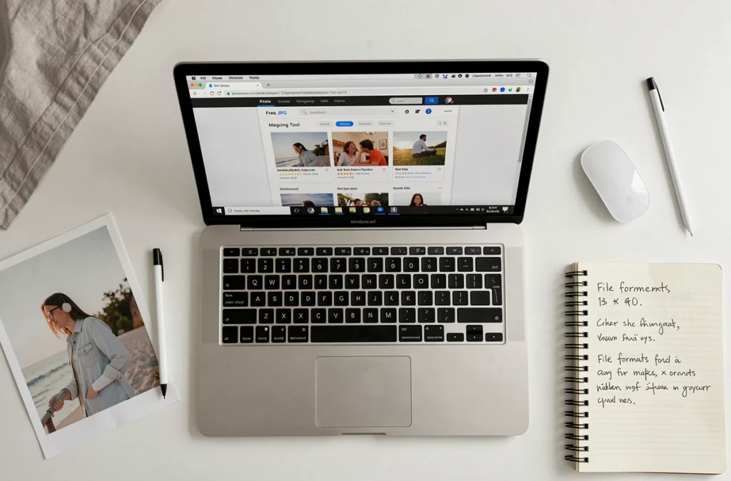 Vue en plongée d'un bureau minimaliste avec un laptop Windows affichant un outil gratuit pour fusionner des JPG en ligne