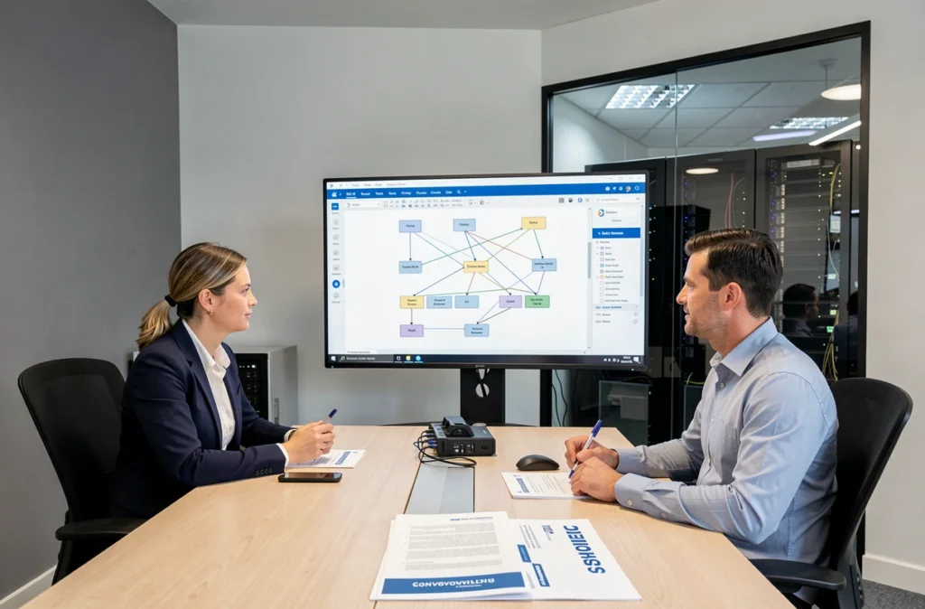 Consultants informatiques de SI2S Les Deux Savoies analysant un schéma réseau en réunion professionnelle