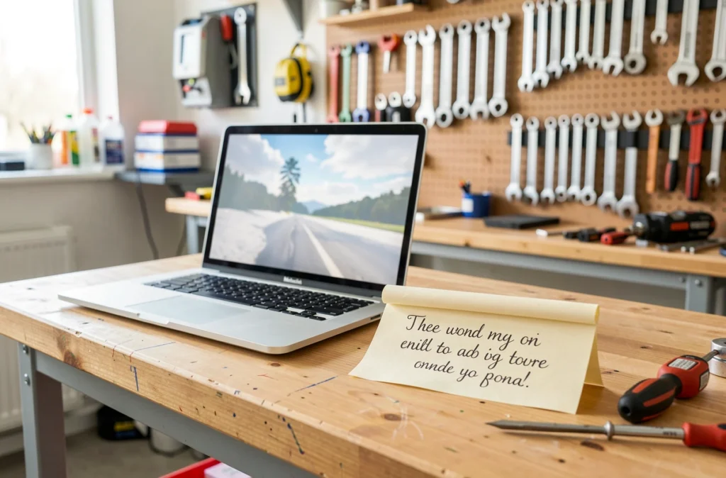 Comptoir d'un atelier de réparation avec un portable et un devis