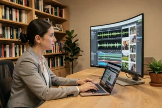 Chercheuse analysant des données multimédia audio vidéo et images sur NVivo dans un bureau universitaire moderne