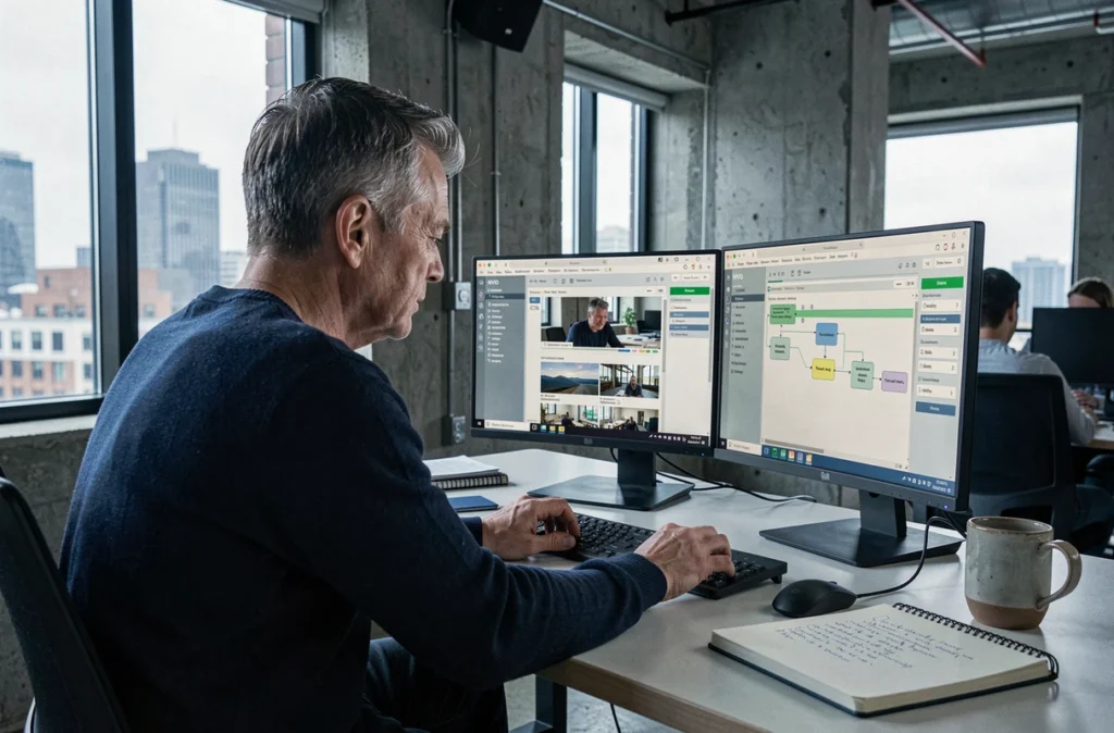 Chercheur masculin travaillant sur NVivo avec codage vidéo et annotations audio dans un espace de travail collaboratif urbain