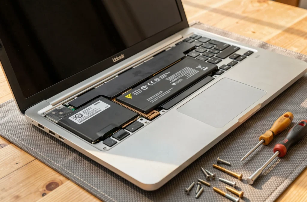 Remplacement de la batterie d'un portable ouvert sur un établi